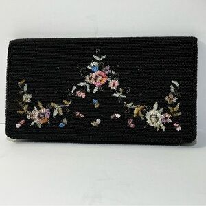 Vintage Elegant Black Floral Beaded Clutch made in France